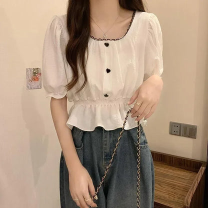 Summer Women’s Puff Sleeve Chiffon Shirt – Cute Ruffle Waist-Tight Casual Crop Top