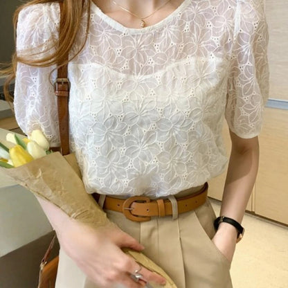 Female Tops Embroidery With Puffy Sleeves Women's Shirt And Blouse Lace Korea Stylish Elegant Social Economic Aesthetic Hot 2024