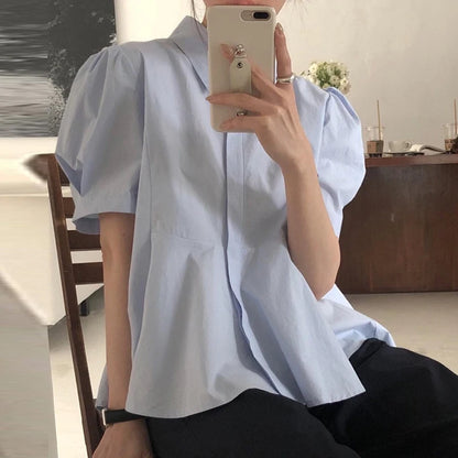 Women’s Summer Shirt – Chic Loose Fit with Bubble Sleeves & Pleated Turn-Down Collar