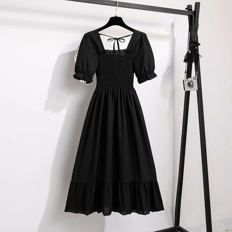 Spring Summer Women’s Chiffon Dress – Elegant Pleated Short Sleeve A-Line Casual Wear