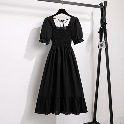 Spring Summer Women’s Chiffon Dress – Elegant Pleated Short Sleeve A-Line Casual Wear