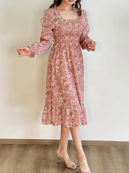 Elegant Floral Chiffon Midi Dress – Effortless Style for Spring & Autumn