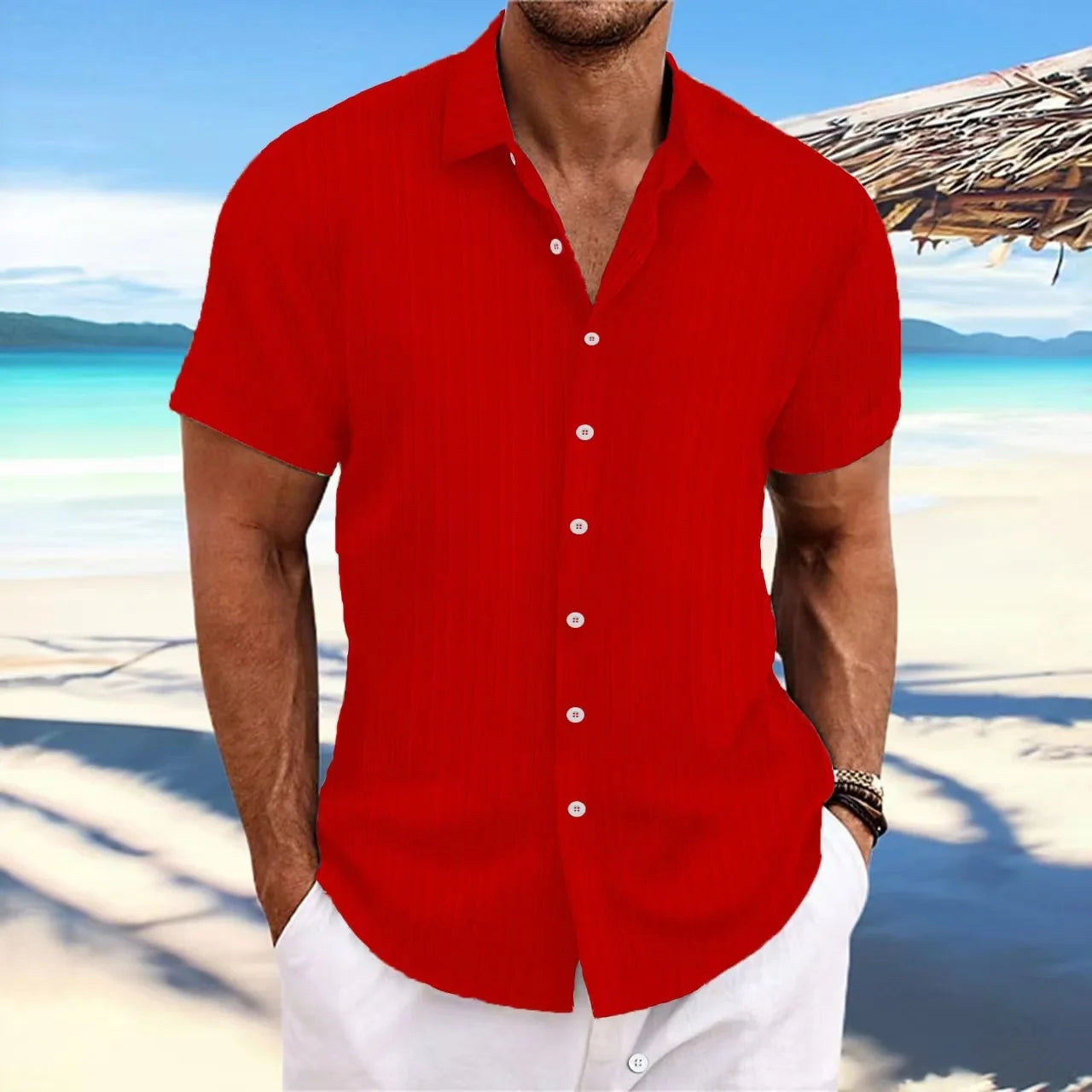 Men’s Jacquard Wave Stripe Shirt – Solid Color Short Sleeve Casual Top