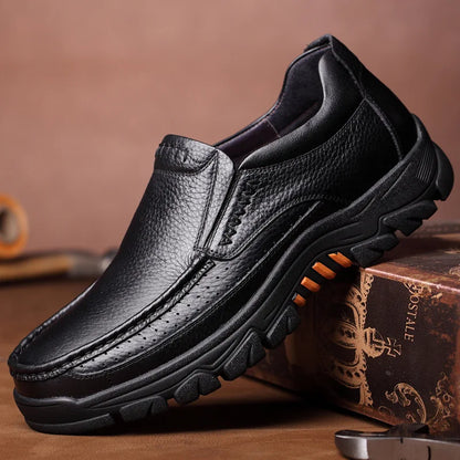 Men’s Genuine Leather Loafers – Soft Cowhide Casual Slip-On Shoes with Thick Sole, Black & Brown
