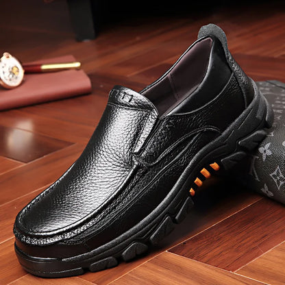Men’s Genuine Leather Loafers – Soft Cowhide Casual Slip-On Shoes with Thick Sole, Black & Brown