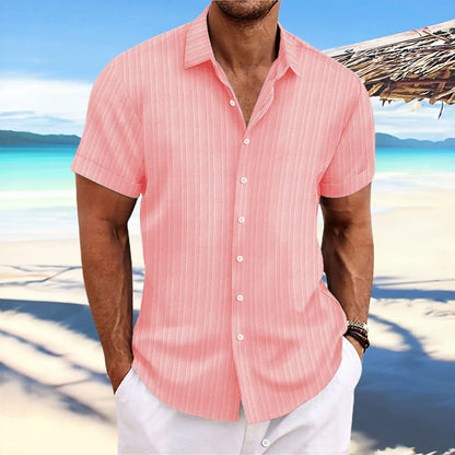 Men’s Short-Sleeve Jacquard Shirt – Trendy Solid Color Wave Stripe Casual Wear
