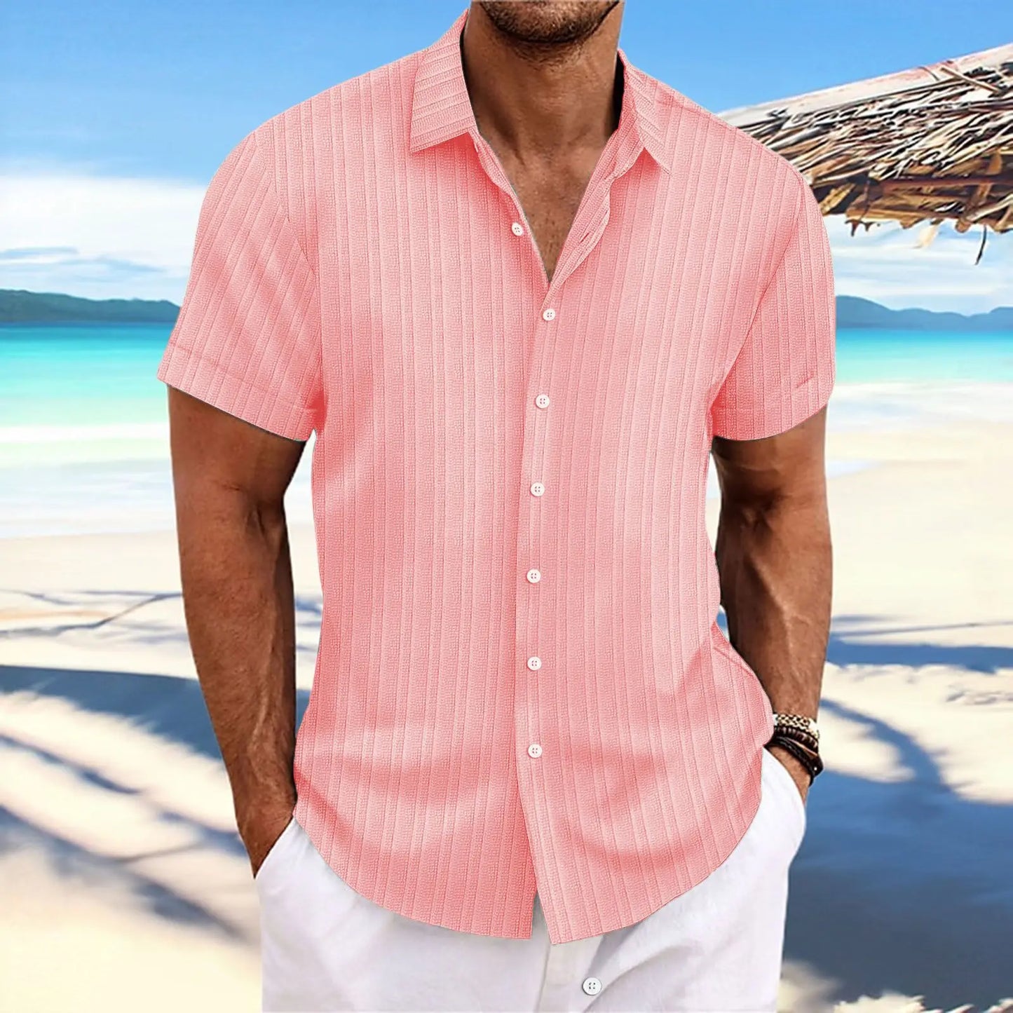 Men’s Jacquard Wave Stripe Shirt – Solid Color Short Sleeve Casual Top