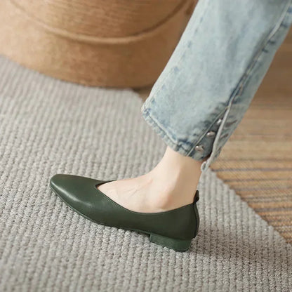 Women’s Genuine Leather Loafers – Low Heel, Round Toe, Casual Style