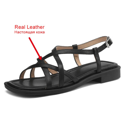 JOZHAMTA Women’s Leather Gladiator Sandals – Strappy Flats with Low Heels (Sizes 34–43)