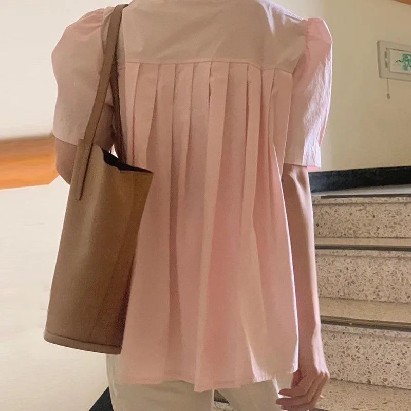 Women’s Summer Shirt – Chic Loose Fit with Bubble Sleeves & Pleated Turn-Down Collar