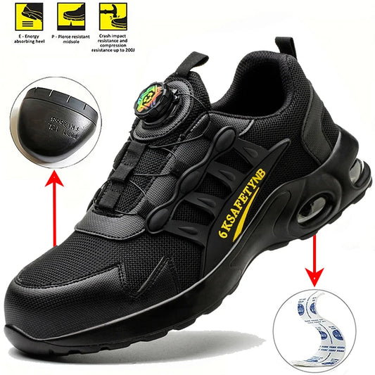 Men’s Steel Toe Safety Shoes – Rotating Button Work Sneakers with Air Cushion & Puncture-Proof Protection