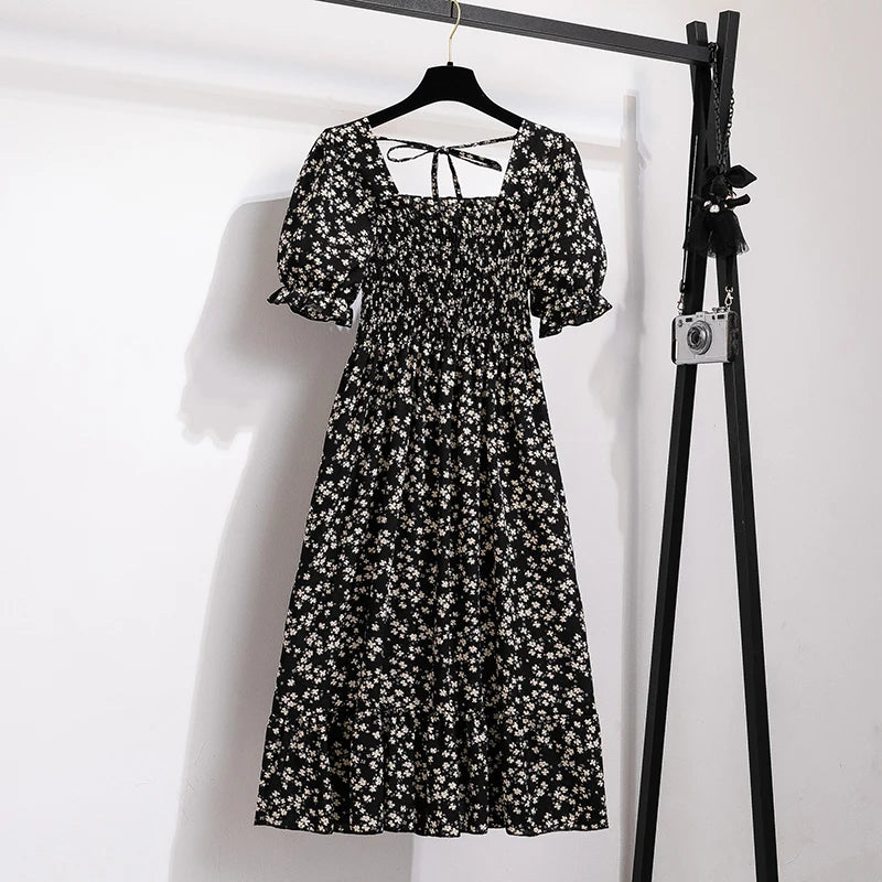 Spring Summer Women’s Chiffon Dress – Elegant Pleated Short Sleeve A-Line Casual Wear