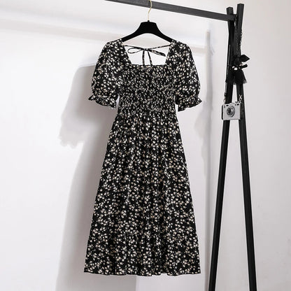 Spring Summer Women’s Chiffon Dress – Elegant Pleated Short Sleeve A-Line Casual Wear