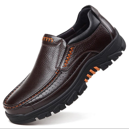 Men’s Genuine Leather Loafers – Soft Cowhide Casual Slip-On Shoes with Thick Sole, Black & Brown