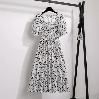 Spring Summer Women’s Chiffon Dress – Elegant Pleated Short Sleeve A-Line Casual Wear