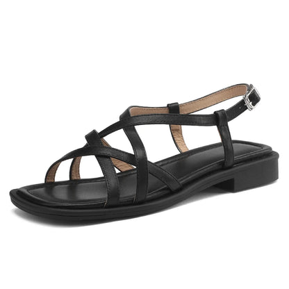 JOZHAMTA Women’s Leather Gladiator Sandals – Strappy Flats with Low Heels (Sizes 34–43)