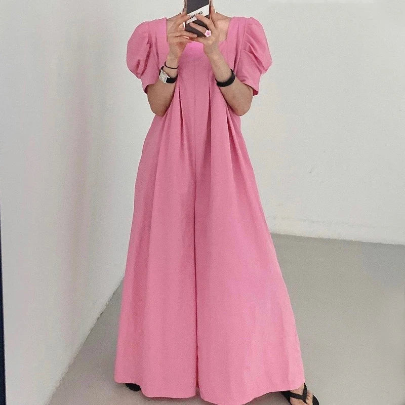 Women’s Summer Jumpsuit – Chic Square Collar with Pleated Design & Bubble Sleeves