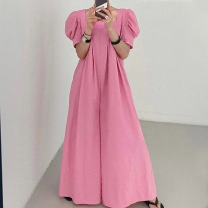 Women’s Summer Jumpsuit – Chic Square Collar with Pleated Design & Bubble Sleeves