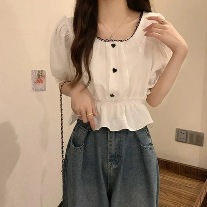 Summer Women’s Puff Sleeve Chiffon Shirt – Cute Ruffle Waist-Tight Casual Crop Top