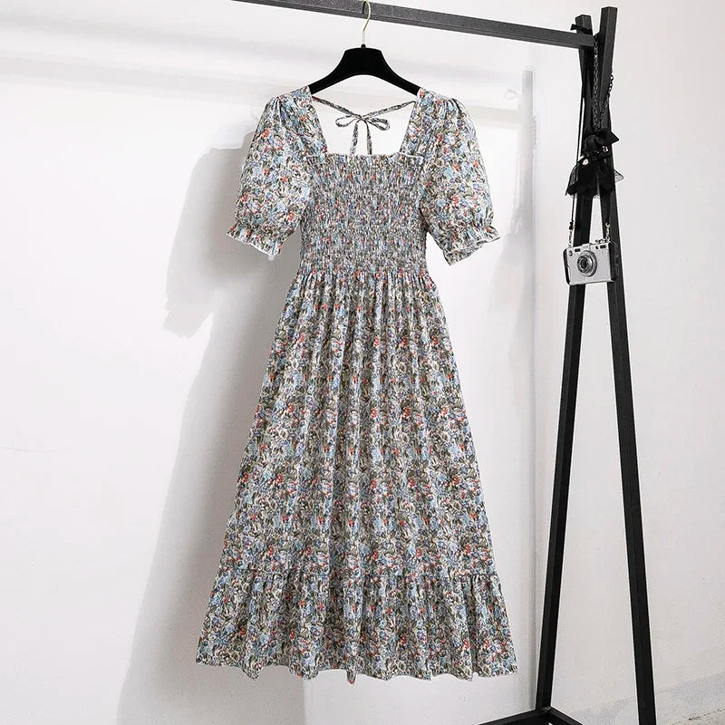 Spring Summer Women’s Chiffon Dress – Elegant Pleated Short Sleeve A-Line Casual Wear