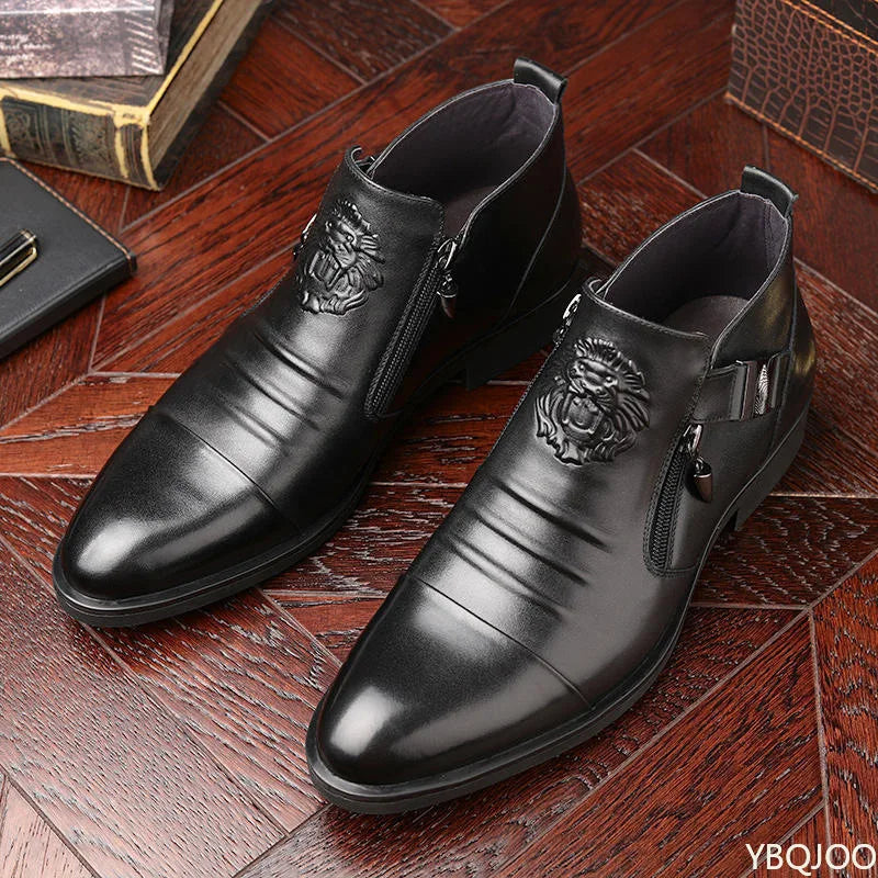 Men’s Winter Leather Ankle Boots – Elegant British Style with Side Zip & Non-Slip Sole