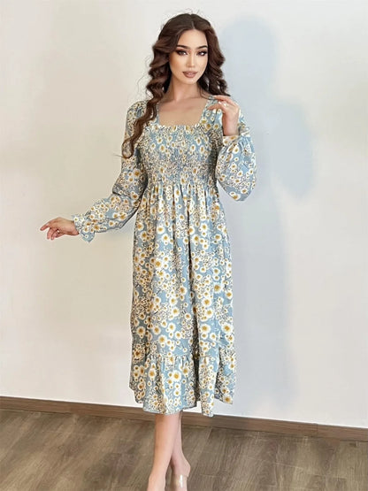 Elegant Floral Chiffon Midi Dress – Effortless Style for Spring & Autumn