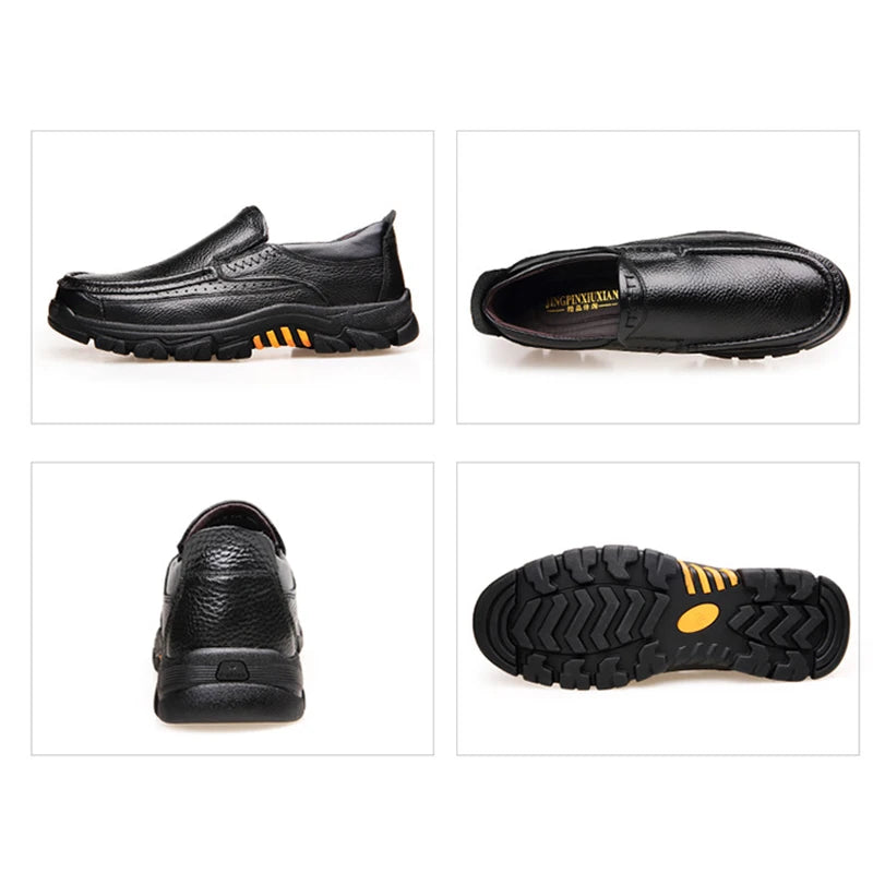 Men’s Genuine Leather Loafers – Soft Cowhide Casual Slip-On Shoes with Thick Sole, Black & Brown