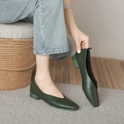 Women’s Genuine Leather Loafers – Low Heel, Round Toe, Casual Style