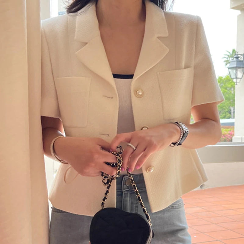 Women’s Korean Chic Tweed Blazer – Lightweight Summer Jacket with Notch Lapel & Single Button