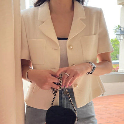 Women’s Korean Chic Tweed Blazer – Lightweight Summer Jacket with Notch Lapel & Single Button