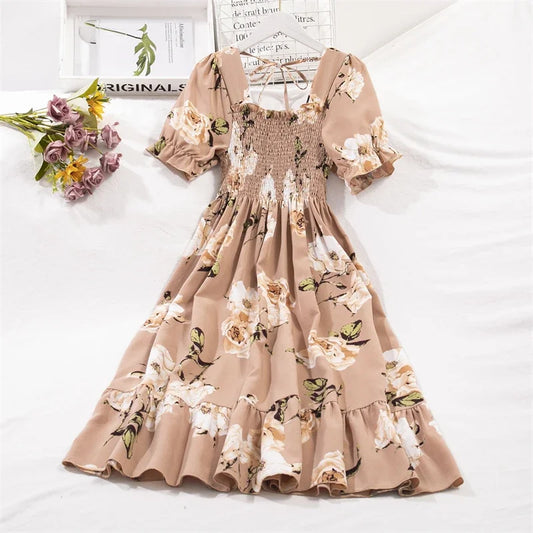 Spring Summer Women’s Chiffon Dress – Elegant Pleated Short Sleeve A-Line Casual Wear