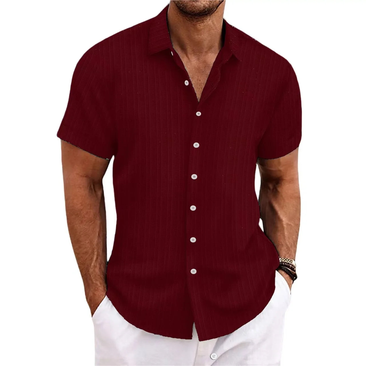 Men’s Jacquard Wave Stripe Shirt – Solid Color Short Sleeve Casual Top
