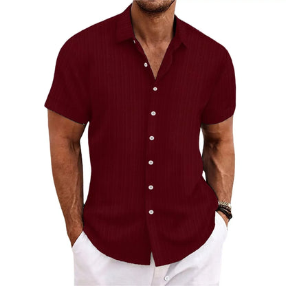 Men’s Jacquard Wave Stripe Shirt – Solid Color Short Sleeve Casual Top