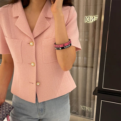 Women’s Korean Chic Tweed Blazer – Lightweight Summer Jacket with Notch Lapel & Single Button