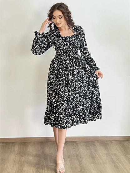 Elegant Floral Chiffon Midi Dress – Effortless Style for Spring & Autumn