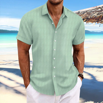 Men’s Jacquard Wave Stripe Shirt – Solid Color Short Sleeve Casual Top