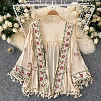 Women’s Bohemian Chiffon Shirt – Embroidered Tassel Cardigan Style, Slim Waist Short Top