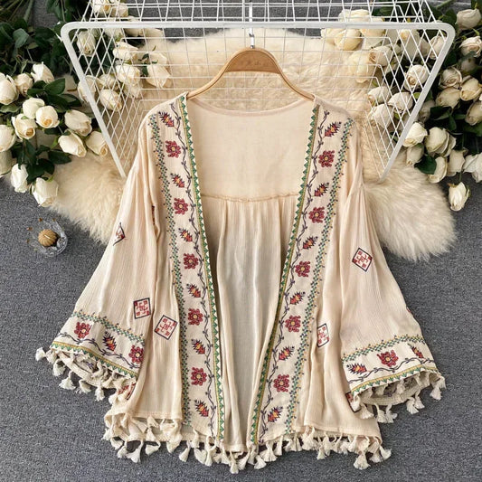 Women’s Bohemian Chiffon Shirt – Embroidered Tassel Cardigan Style, Slim Waist Short Top