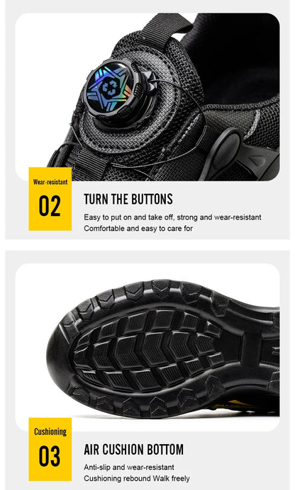 Men’s Steel Toe Safety Shoes – Rotating Button Work Sneakers with Air Cushion & Puncture-Proof Protection