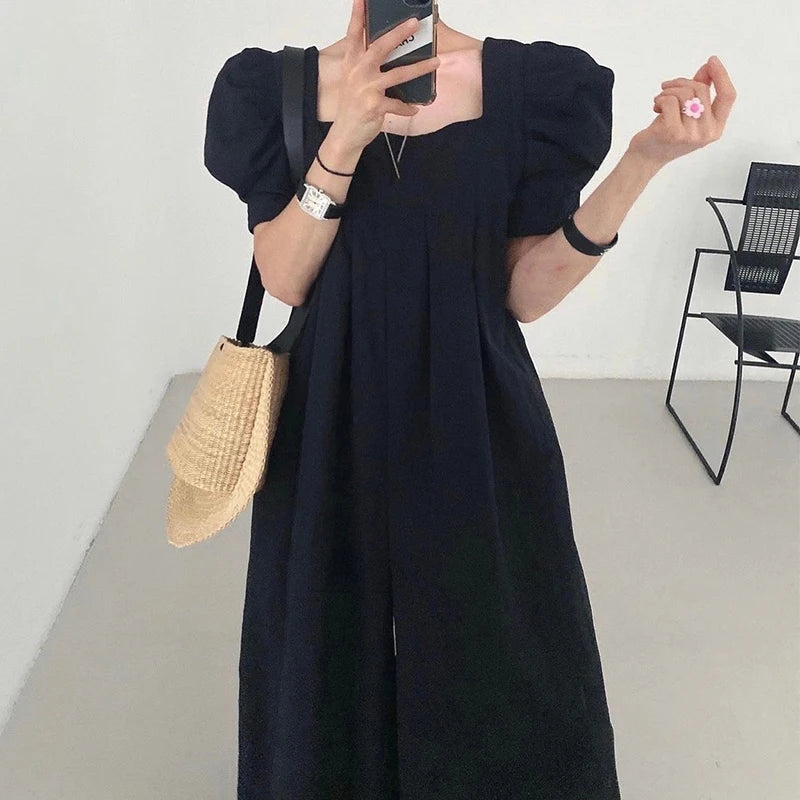 Women’s Summer Jumpsuit – Chic Square Collar with Pleated Design & Bubble Sleeves