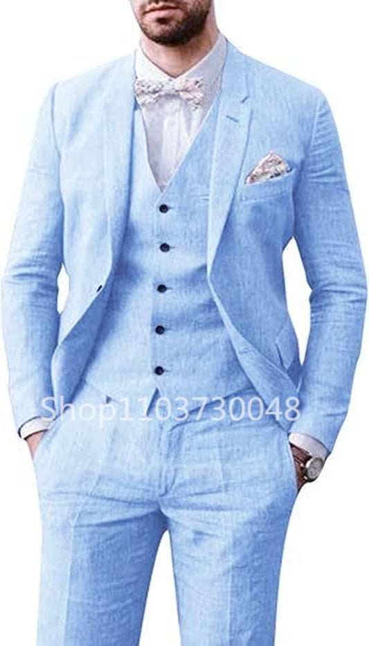 Beige/Blue Men’s Linen Suit – Casual Slim Fit 3-Piece Blazer, Vest & Pants, High-Quality Summer Formal Wear