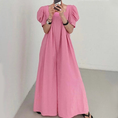 Women’s Summer Jumpsuit – Chic Square Collar with Pleated Design & Bubble Sleeves