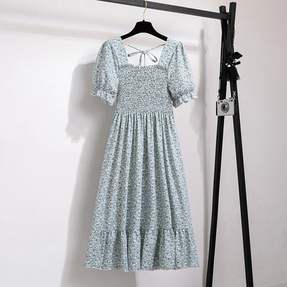 Spring Summer Women’s Chiffon Dress – Elegant Pleated Short Sleeve A-Line Casual Wear