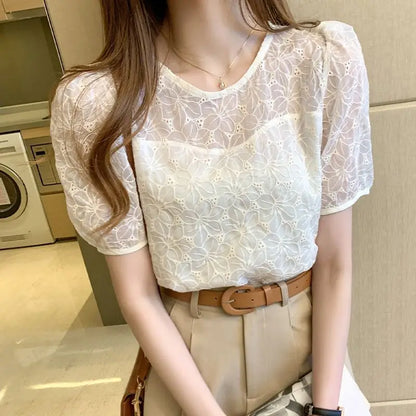 Female Tops Embroidery With Puffy Sleeves Women's Shirt And Blouse Lace Korea Stylish Elegant Social Economic Aesthetic Hot 2024