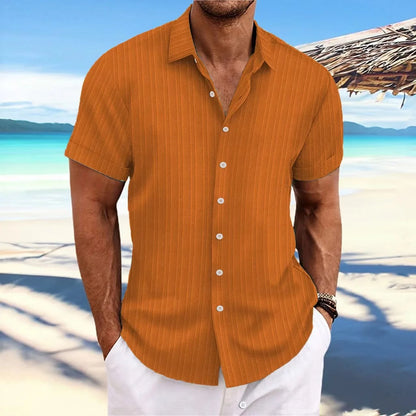 Men’s Jacquard Wave Stripe Shirt – Solid Color Short Sleeve Casual Top