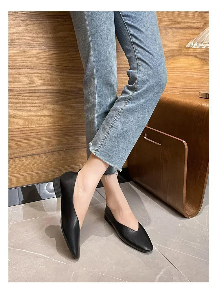 Women’s Genuine Leather Loafers – Low Heel, Round Toe, Casual Style