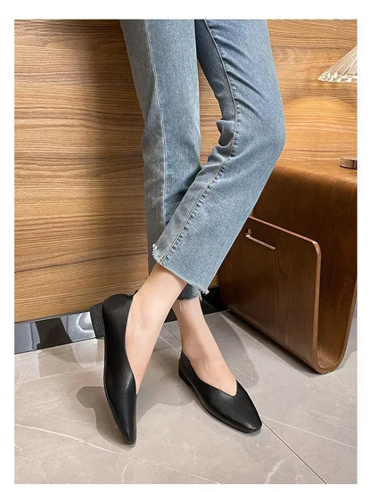 Women’s Genuine Leather Loafers – Low Heel, Round Toe, Casual Style