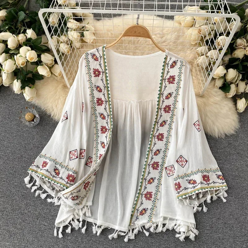 Women’s Bohemian Chiffon Shirt – Embroidered Tassel Cardigan Style, Slim Waist Short Top