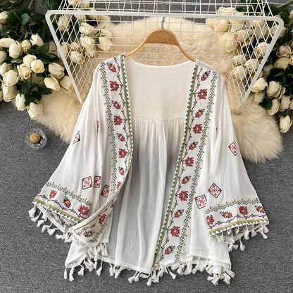 Women’s Bohemian Chiffon Shirt – Embroidered Tassel Cardigan Style, Slim Waist Short Top
