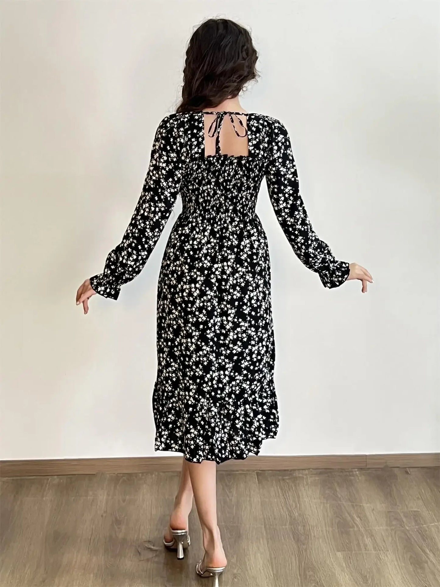 Elegant Floral Chiffon Midi Dress – Effortless Style for Spring & Autumn